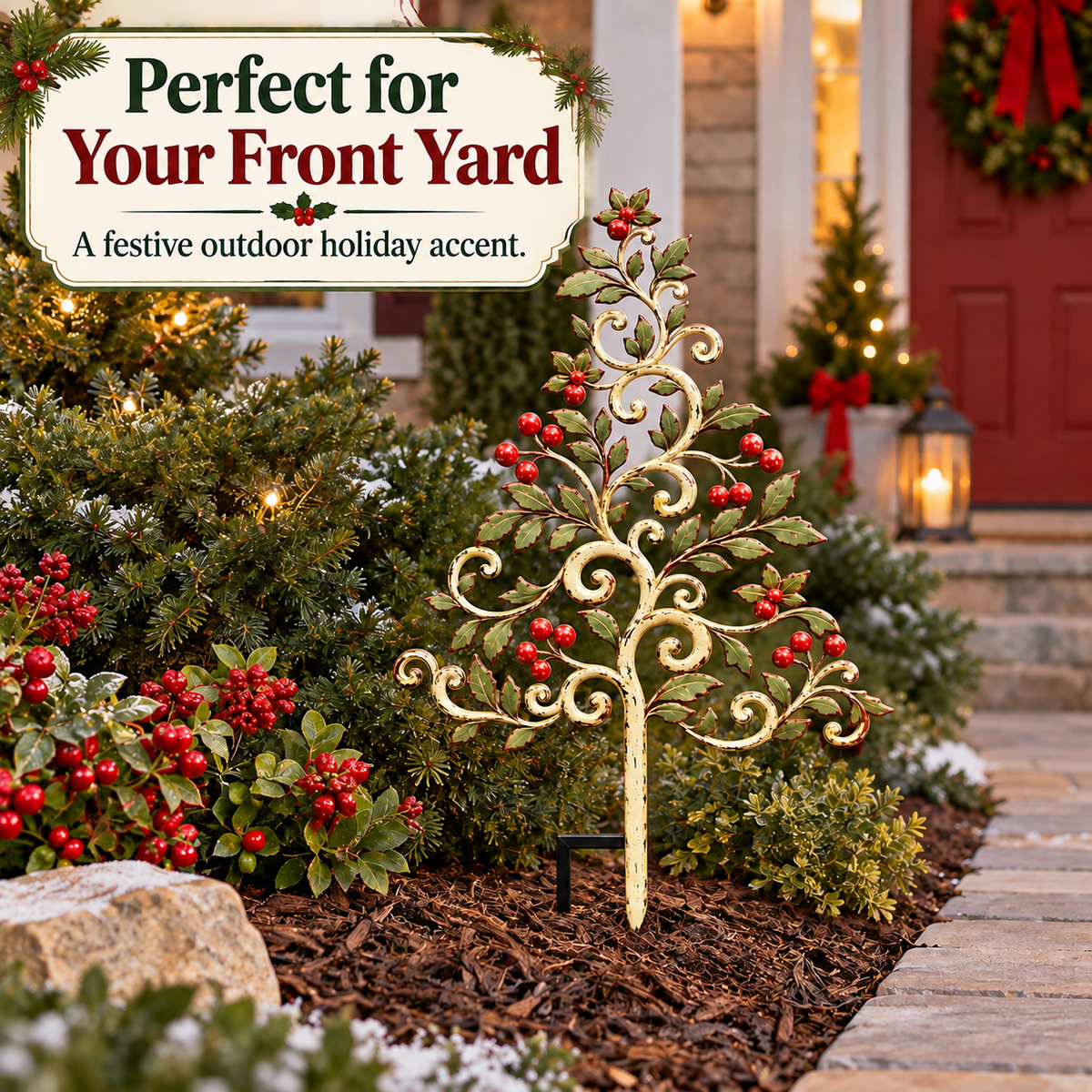 Christmas Tree Garden Stake Holly Berry Yard Art Holiday Outdoor Decor Flat Printed Metal Art — 6