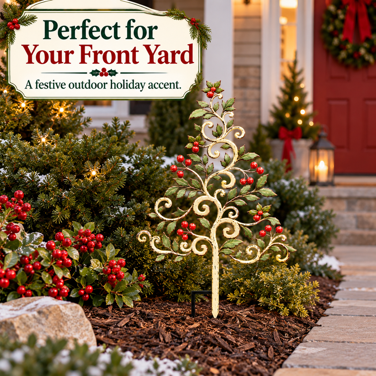 Christmas Tree Garden Stake Holly Berry Yard Art Holiday Outdoor Decor Flat Printed Metal Art — 7