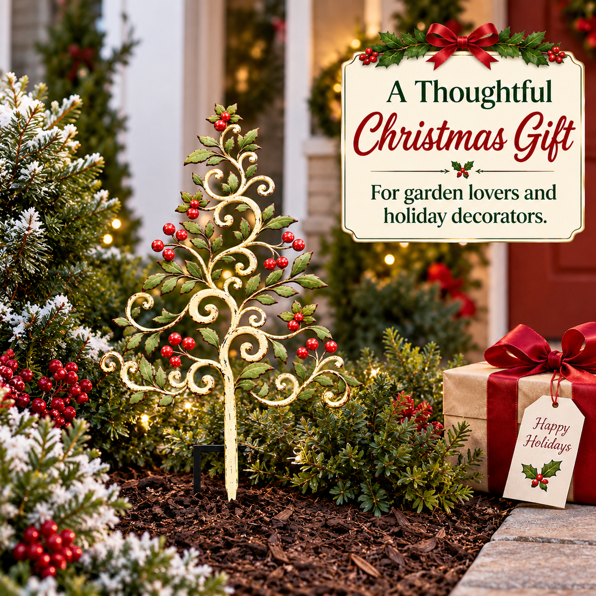 Christmas Tree Garden Stake Holly Berry Yard Art Holiday Outdoor Decor Flat Printed Metal Art — 9