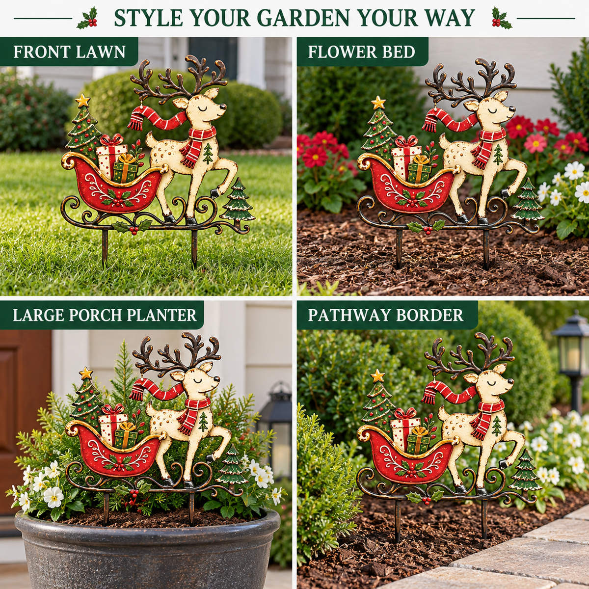 Christmas Reindeer Garden Stake Reindeer Sleigh Christmas Yard Art Rustic Christmas Decor Holiday Yard Decor Flat Printed Metal — 10