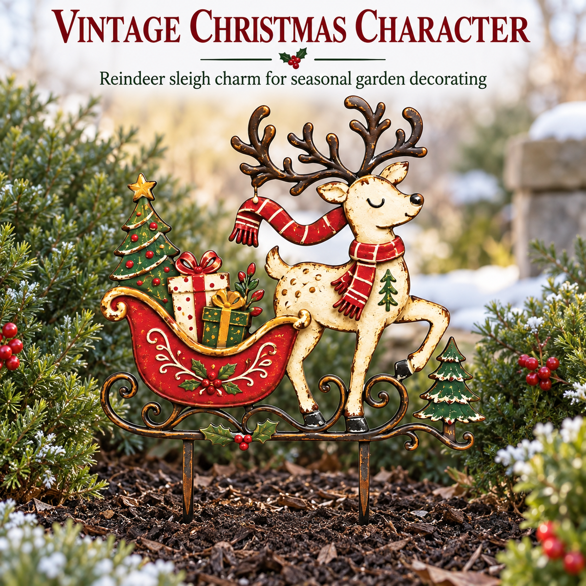 Christmas Reindeer Garden Stake Reindeer Sleigh Christmas Yard Art Rustic Christmas Decor Holiday Yard Decor Flat Printed Metal — 11