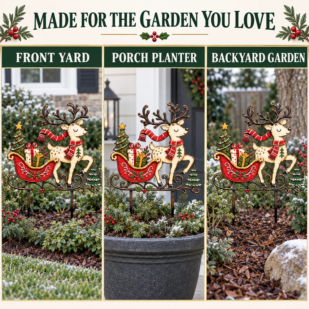 Christmas Reindeer Garden Stake Reindeer Sleigh Christmas Yard Art Rustic Christmas Decor Holiday Yard Decor Flat Printed Metal — 12