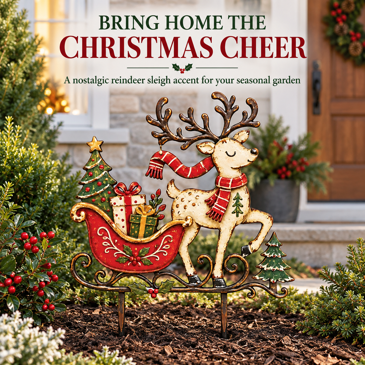 Christmas Reindeer Garden Stake Reindeer Sleigh Christmas Yard Art Rustic Christmas Decor Holiday Yard Decor Flat Printed Metal — 13