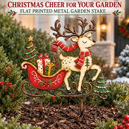 Christmas Reindeer Garden Stake Reindeer Sleigh Christmas Yard Art Rustic Christmas Decor Holiday Yard Decor Flat Printed Metal — 2