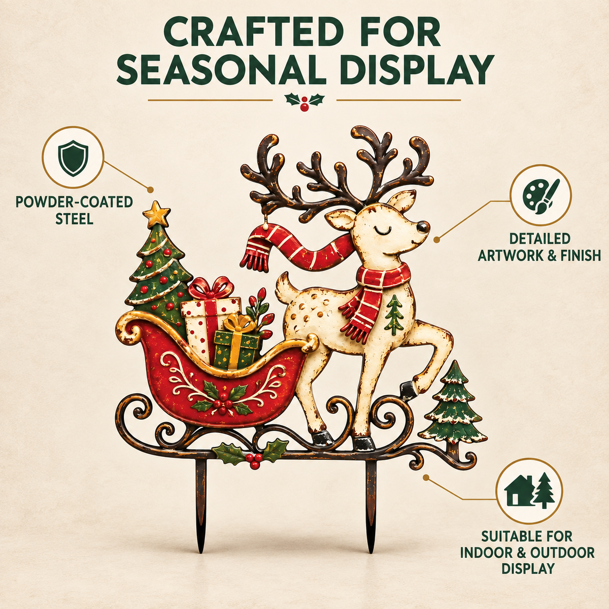 Christmas Reindeer Garden Stake Reindeer Sleigh Christmas Yard Art Rustic Christmas Decor Holiday Yard Decor Flat Printed Metal — 3