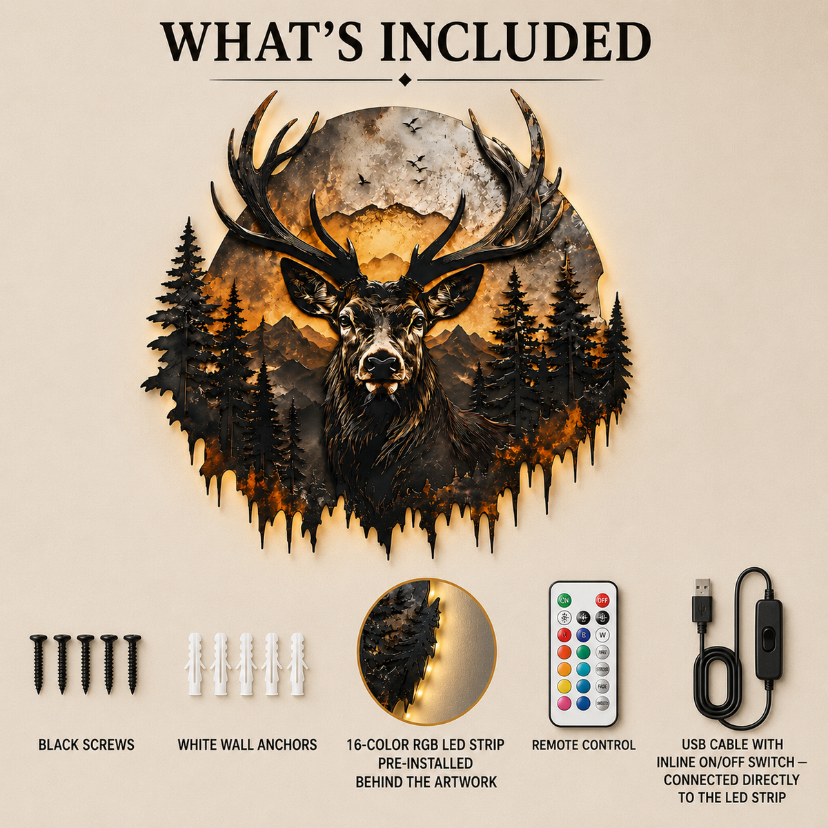 What's Included - Deer Metal Wall Decor Mountain Wall Art Wildlife Art Woodland