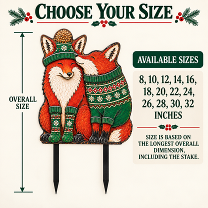 Christmas Fox Garden Stake Winter Woodland Yard Decor Couple Fox Metal Garden Art Holiday Outdoor Decor Fox Lover Gift — Choose Your Size