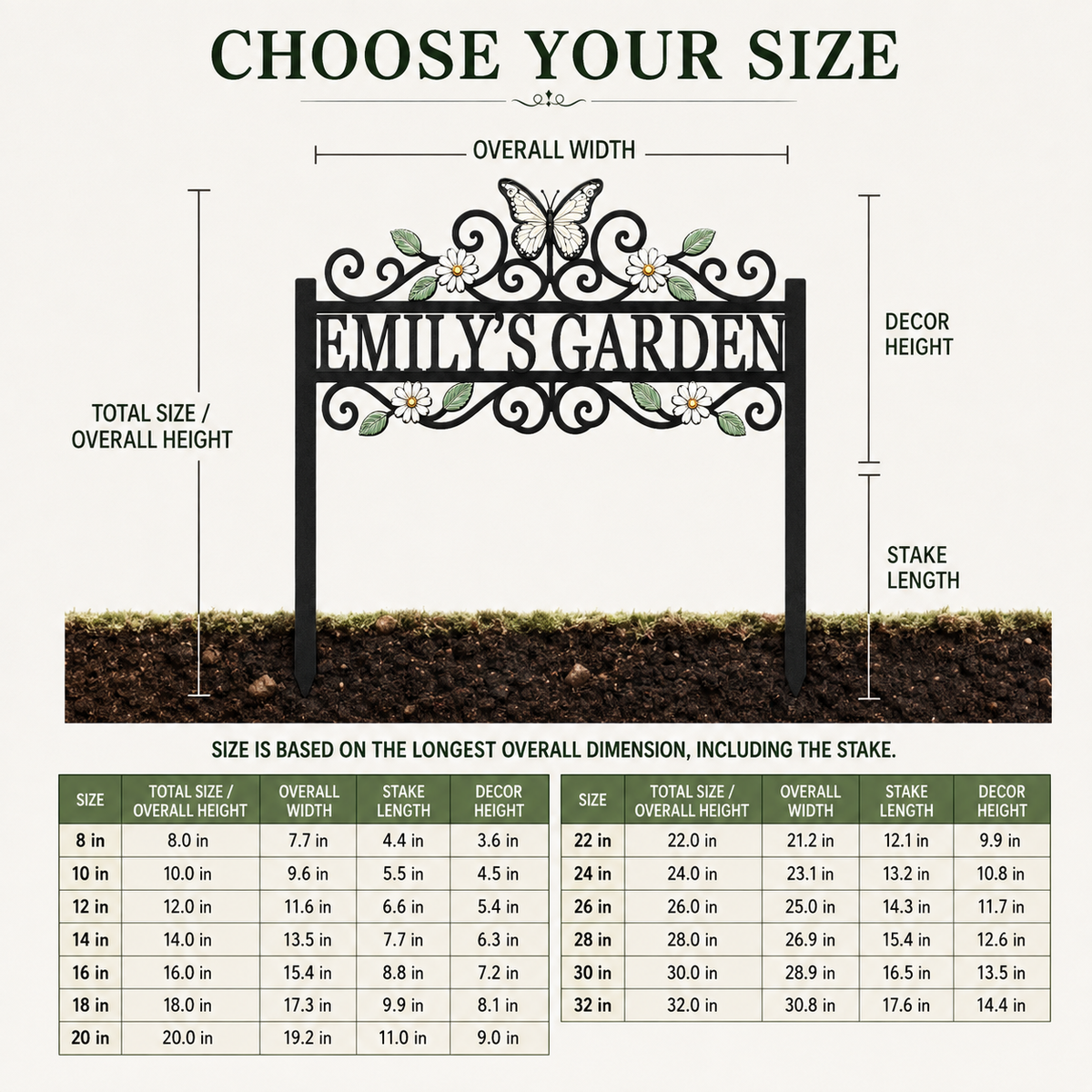 Detailed Stake Size Guide - Custom Name Garden Stake Personalized Butterfly Garden Decor Daisy Floral