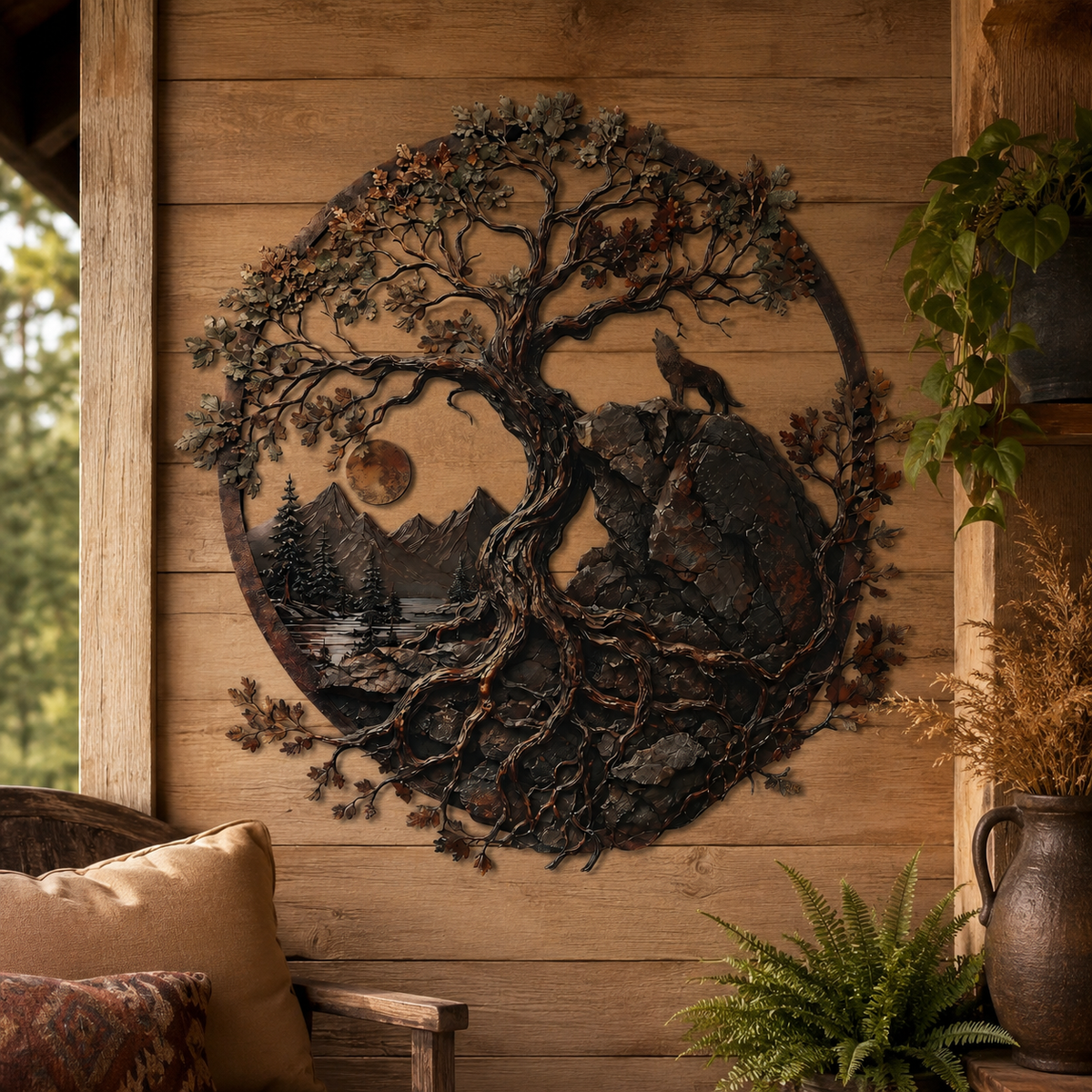 Lifestyle Sales-Close. - Ancient Oak Tree Metal Wall Art Wolf Mountain Wilderness Decor