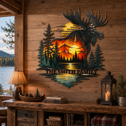 Lifestyle Sales-Close - Personalized Moose Metal Wall Art Custom Family Name Cabin Sign