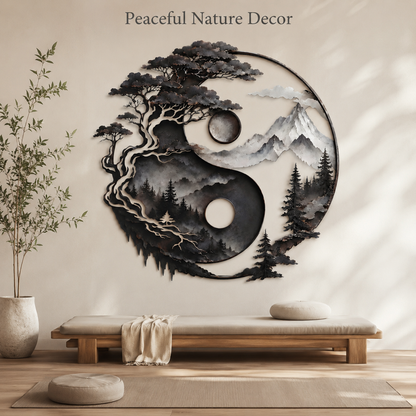Yin Yang Metal Wall Decor, Mountain and Tree Wall Art, Zen Nature Wall Sign, Rustic Landscape Home Decor With LED — Lifestyle Sales Close
