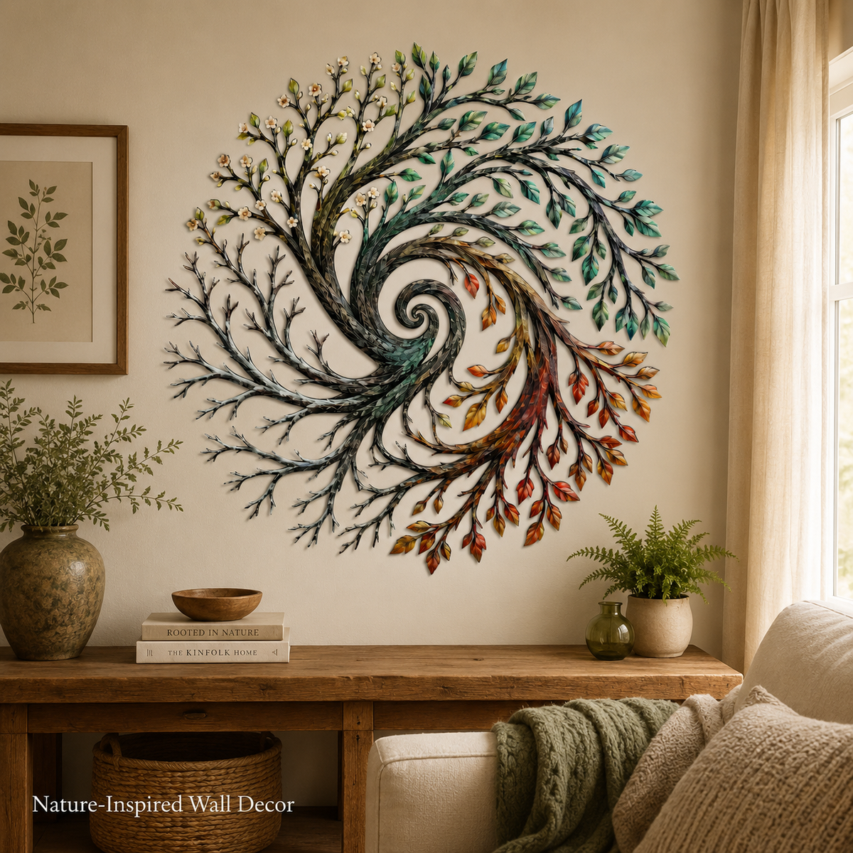 Four Seasons Tree of Life Metal Wall Art Spiral Tree Wall Decor Circular Nature Art for Living Room — Lifestyle Sales Close