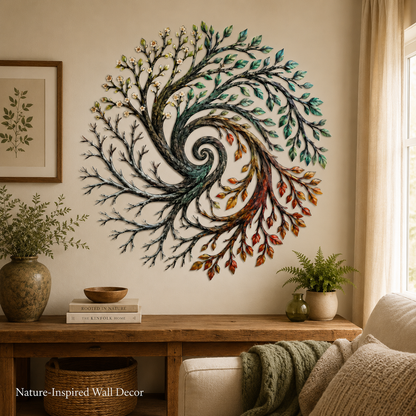 Four Seasons Tree of Life Metal Wall Art Spiral Tree Wall Decor Circular Nature Art for Living Room — Lifestyle Sales Close