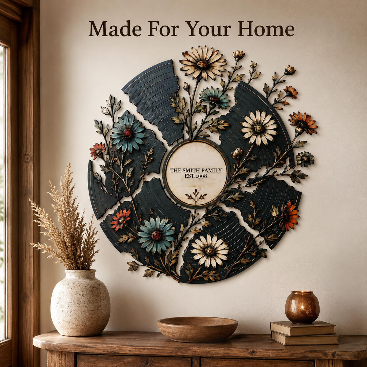 Lifestyle Sales-Close - Personalized Floral Record Metal Wall Art Custom Vinyl Record Decor