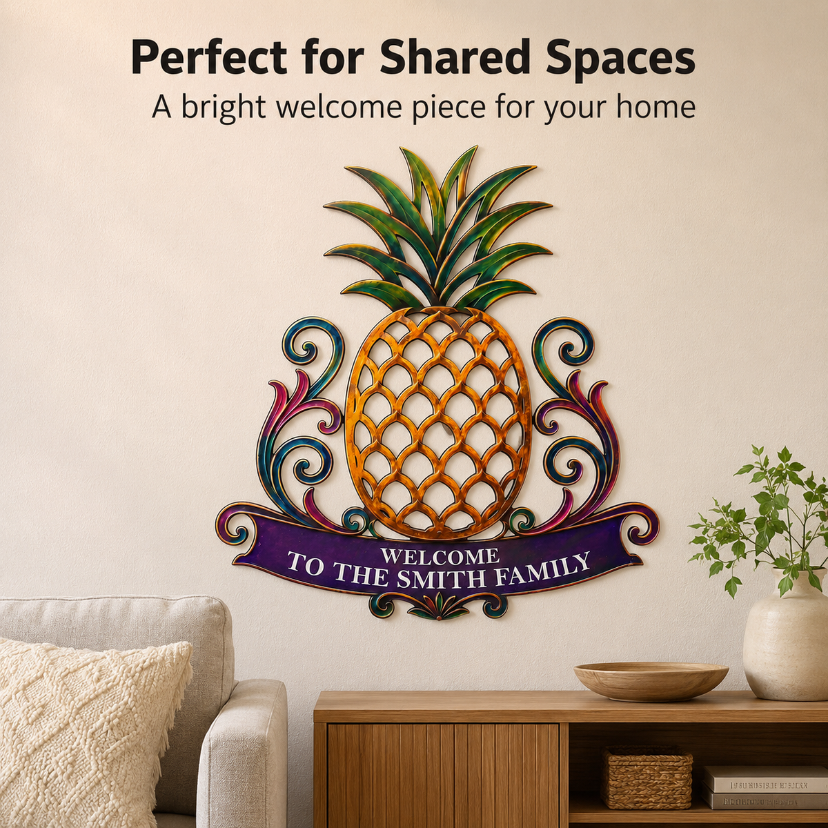 Living Room Lifestyle - Custom Pineapple Welcome Metal Sign Personalized Family Name Sign Entryway