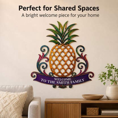 Living Room Lifestyle - Custom Pineapple Welcome Metal Sign Personalized Family Name Sign Entryway