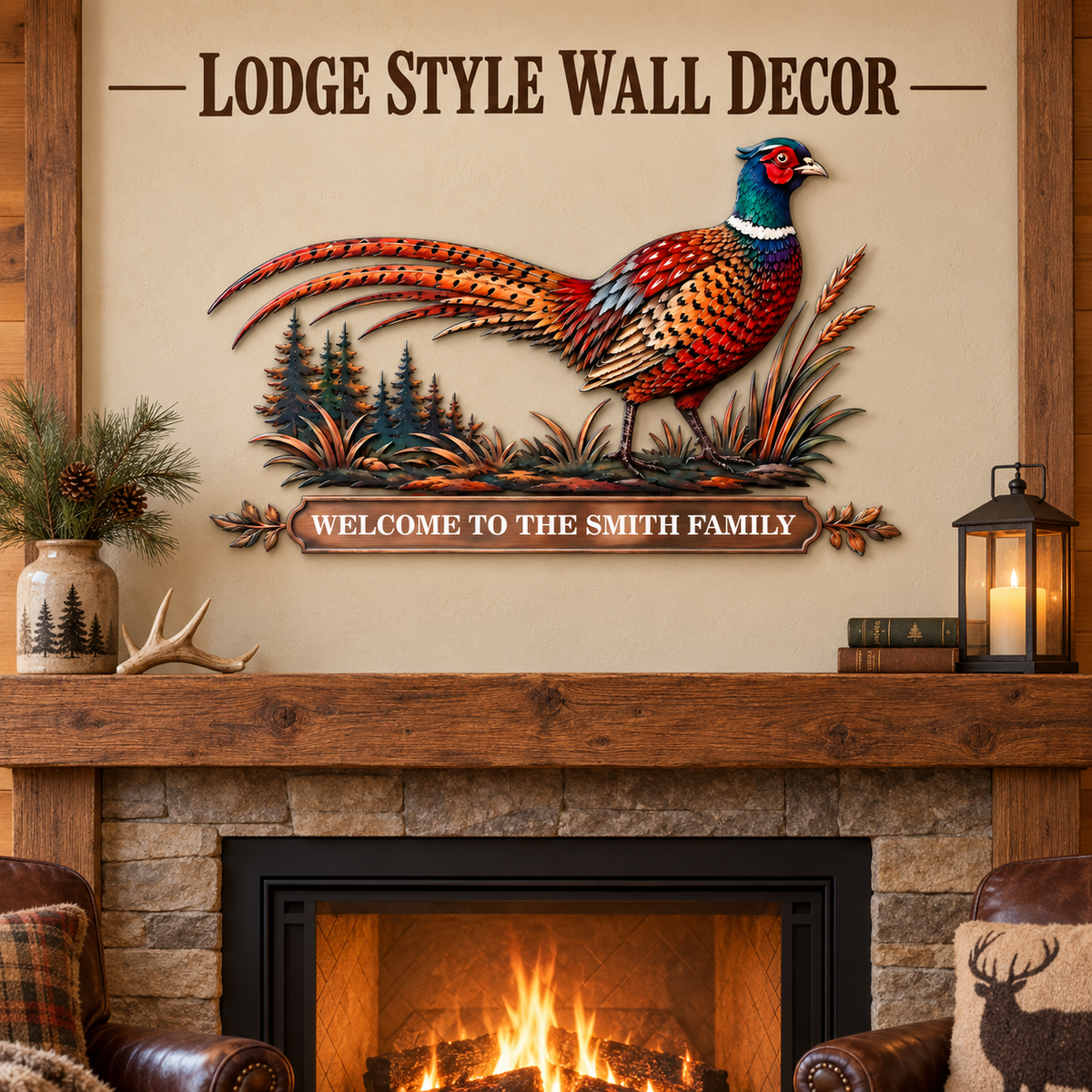 Personalized Pheasant Metal Wall Art Family Name Sign Custom Cabin Wall Decor Wildlife Lodge Decor With LED — Living Room Lifestyle