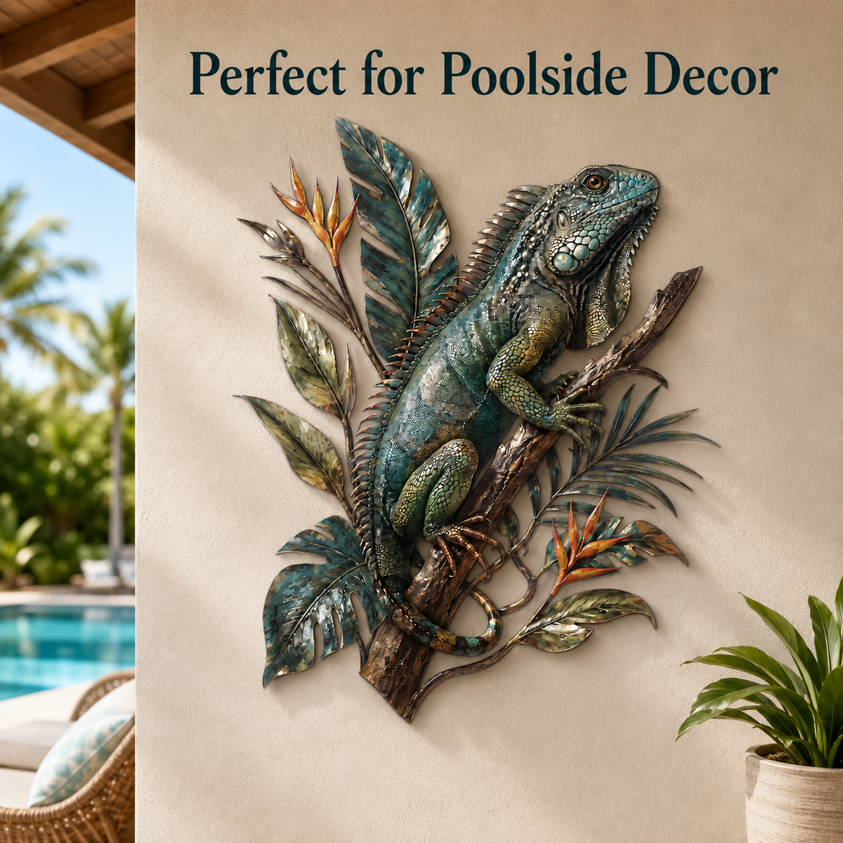 Poolside Patio Scene - Iguana Metal Wall Art Tropical Lizard Wall Decor Jungle Animal