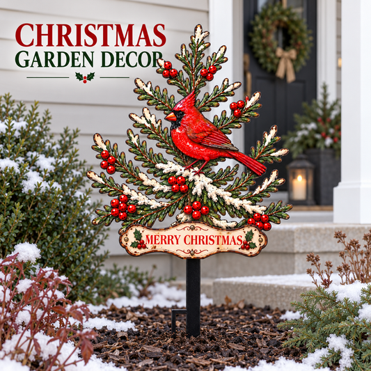 Custom Cardinal Christmas Pine Tree Metal Garden Stake Personalized Christmas Yard Art Cardinal Garden Decor Outdoor Holiday Decor — Primary Christmas Garden Lifestyle