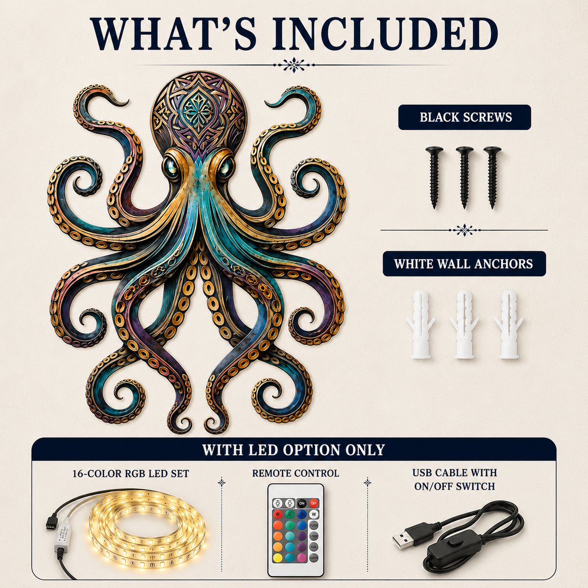 What's Included — Octopus Metal Wall Art Octopus Wall Decor Coastal Wall Art