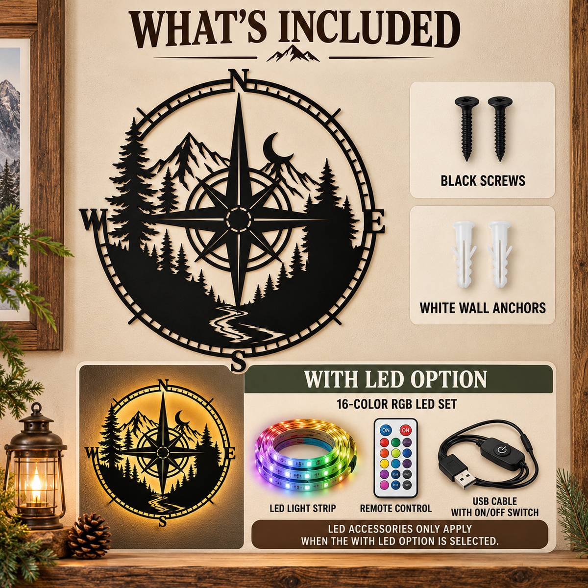 Metal Compass Wall Art Mountain Wall Art Adventure Decor Cabin Wall Art Travel Gift Nature Lover Gift With LED — What's Included