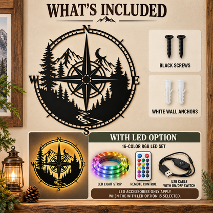 Metal Compass Wall Art Mountain Wall Art Adventure Decor Cabin Wall Art Travel Gift Nature Lover Gift With LED — What's Included
