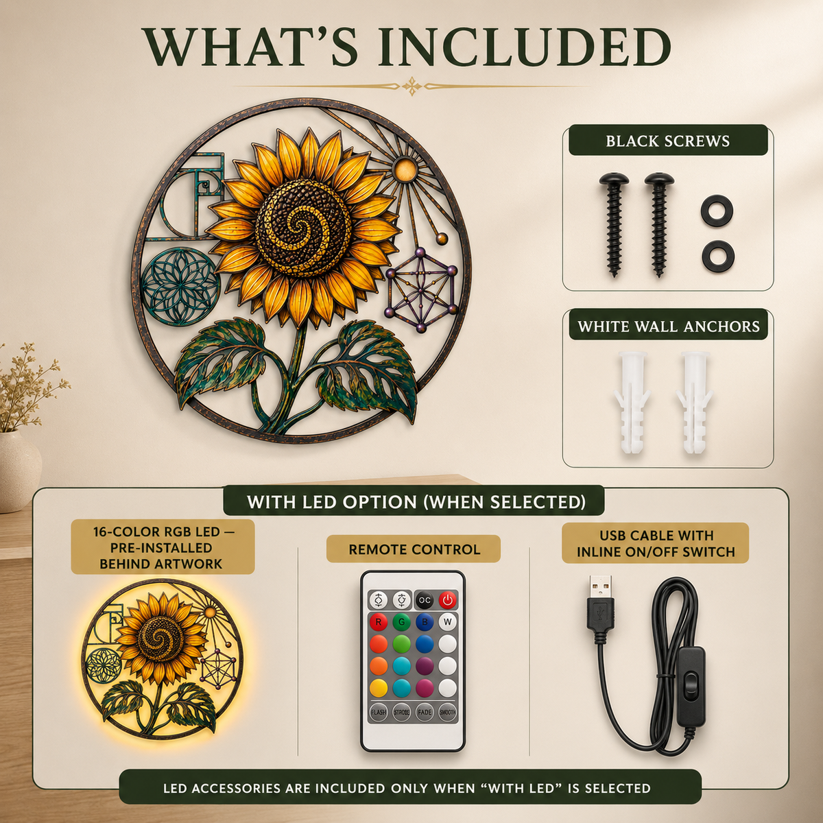 What's Included — Sunflower Sacred Geometry Metal Wall Art Spiritual Wall Art Fibonacci