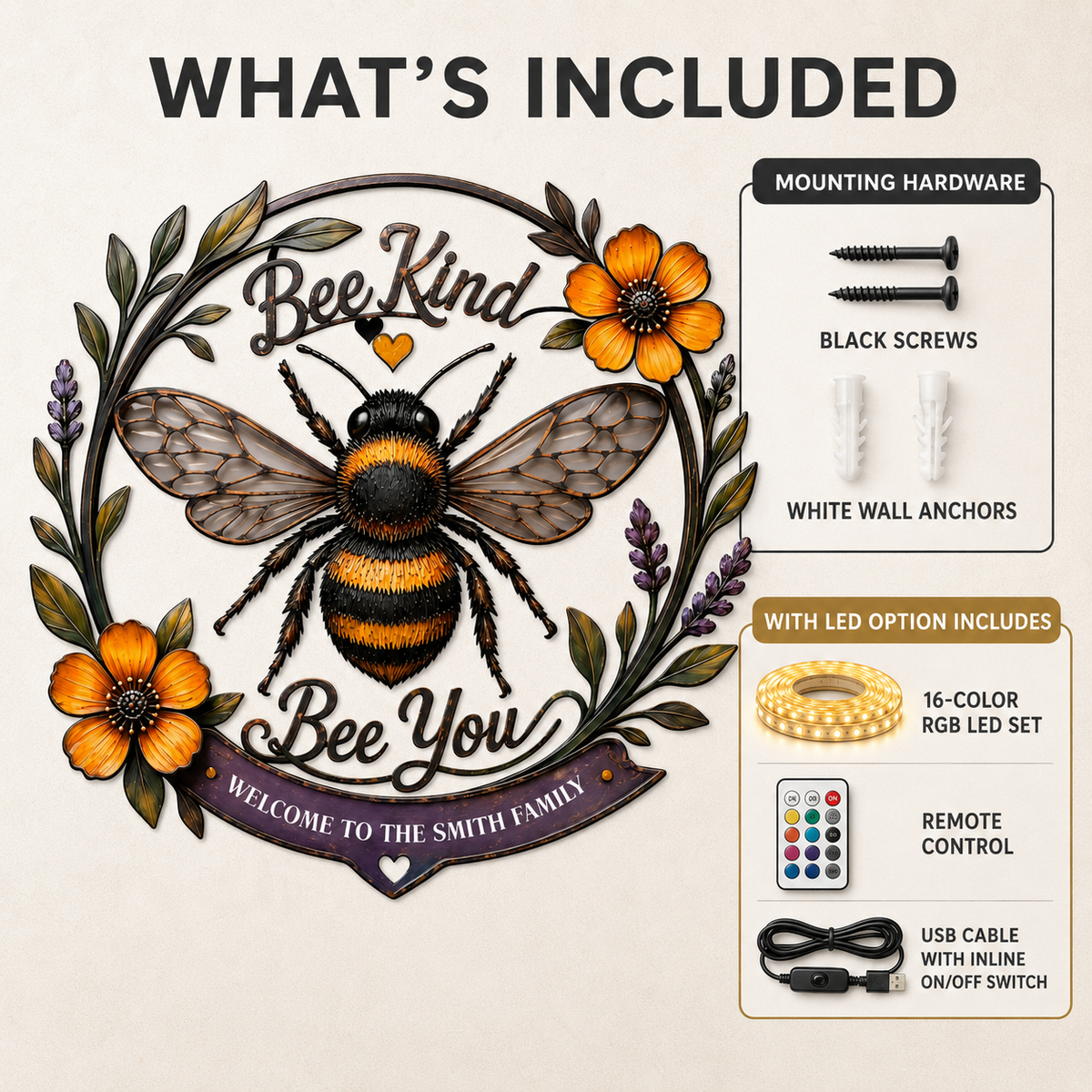 What's Included - Bee Kind Bee You Metal Wall Art Decor Personalized Family