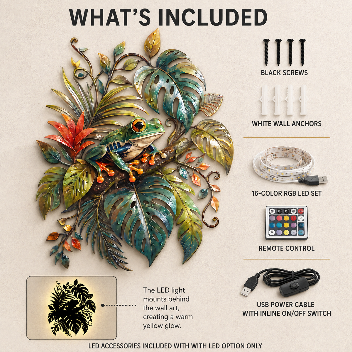 What's Included - Frog Wall Art Tropical Metal Wall Art Rainforest Wall Art