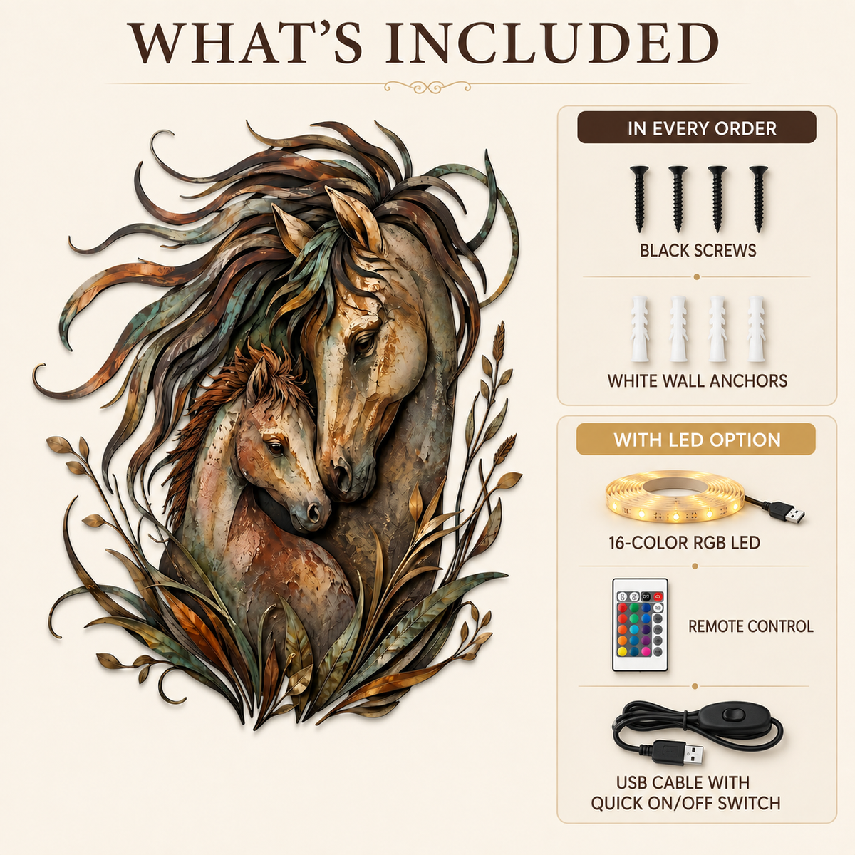 What's Included - Horse Metal Wall Art Decor Mare and Foal Wall Art
