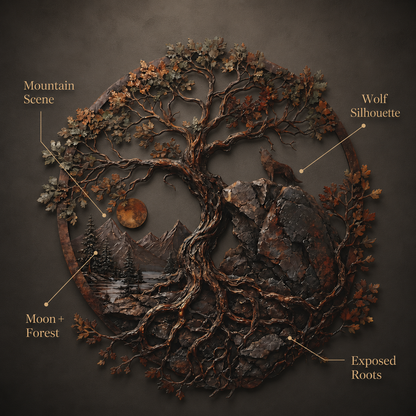 Design Statement - Ancient Oak Tree Metal Wall Art Wolf Mountain Wilderness Decor