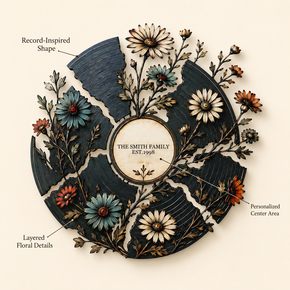 Design Statement - Personalized Floral Record Metal Wall Art Custom Vinyl Record Decor