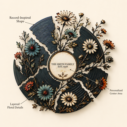 Design Statement - Personalized Floral Record Metal Wall Art Custom Vinyl Record Decor