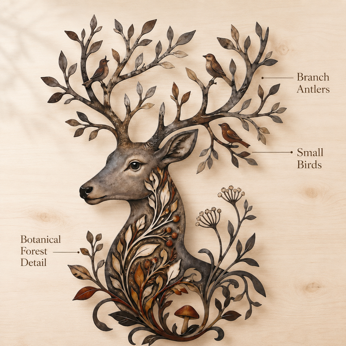Design Statement - Botanical Deer Metal Wall Art Woodland Wildlife Decor Deer Antler