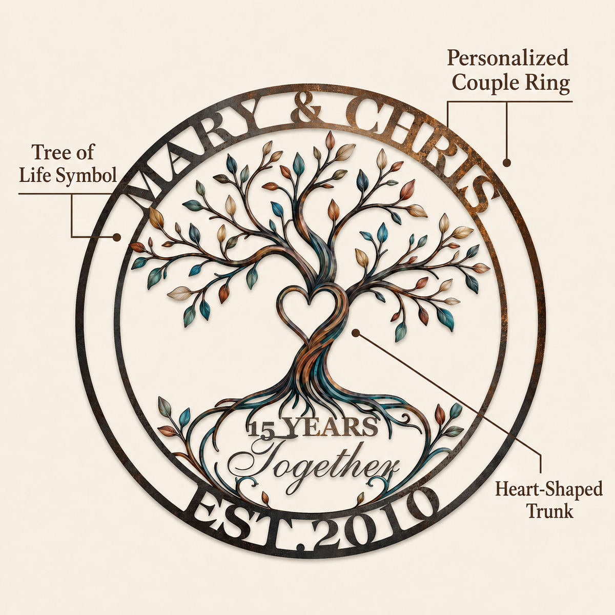 Design Statement - Personalized Anniversary Gift Custom Couple Name Tree of Life Metal