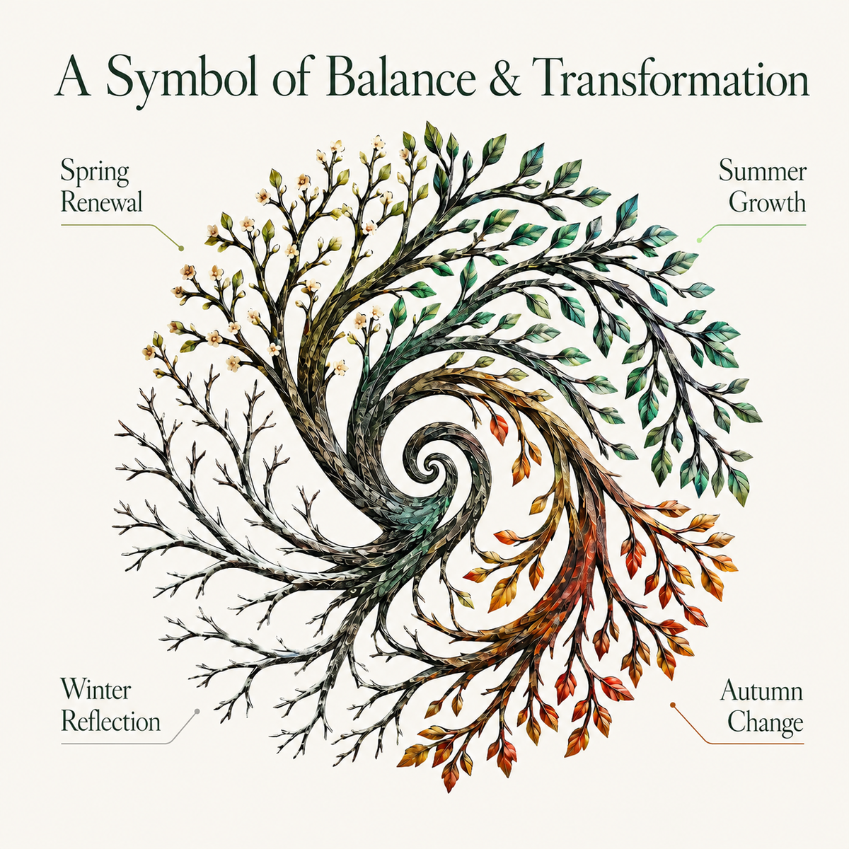 Four Seasons Tree of Life Metal Wall Art Spiral Tree Wall Decor Circular Nature Art for Living Room — Design Statement
