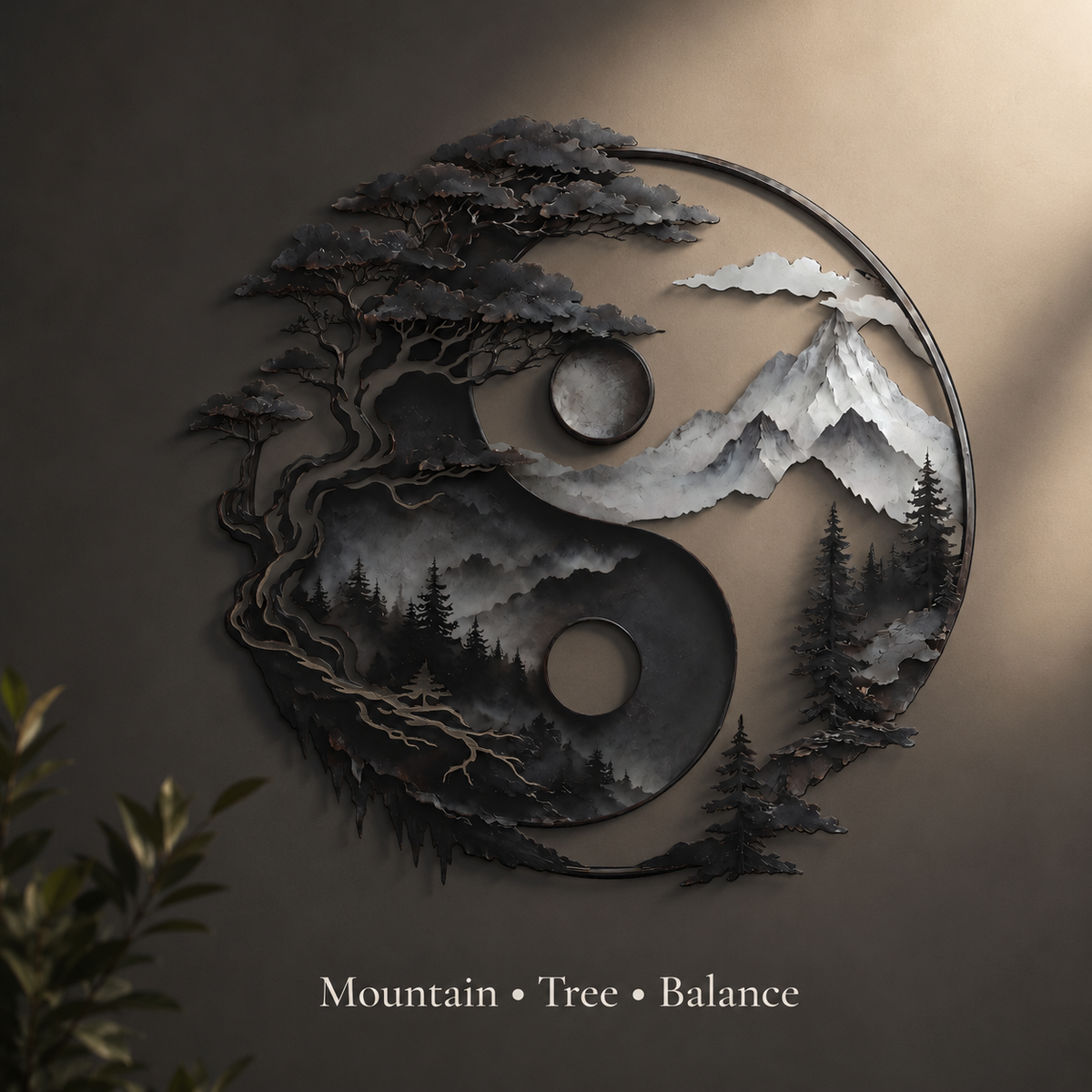 Yin Yang Metal Wall Decor, Mountain and Tree Wall Art, Zen Nature Wall Sign, Rustic Landscape Home Decor With LED — Design Statement