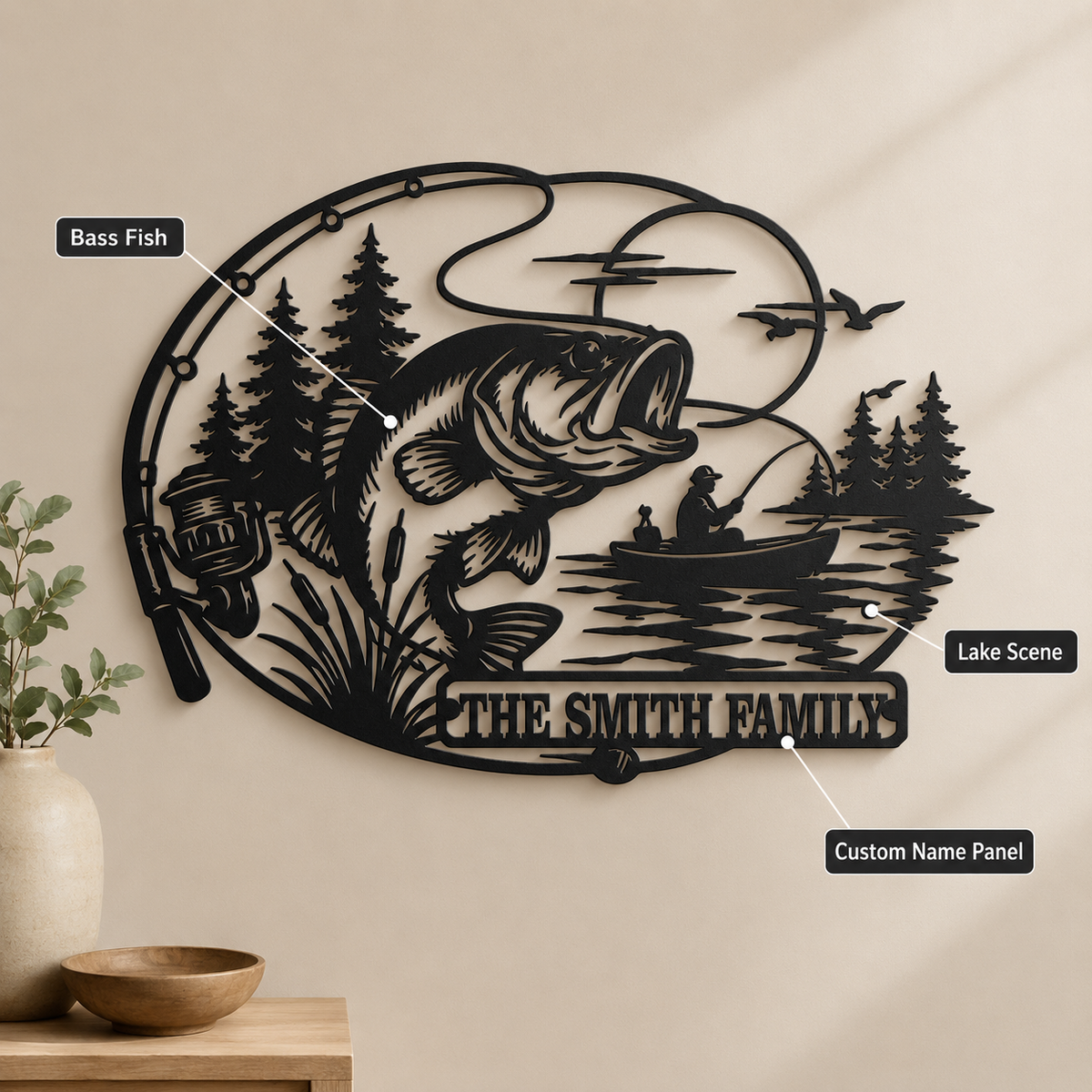 Design Statement - Personalized Fishing Metal Sign Custom Family Name Bass Fishing Wall