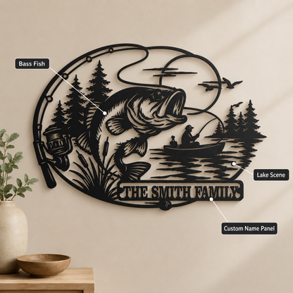 Design Statement - Personalized Fishing Metal Sign Custom Family Name Bass Fishing Wall