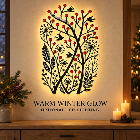 Christmas Wall Art Winter Bird Metal Wall Decor Botanical Nature Art Woodland Christmas Decor Flat Printed Metal Art With LED — LED Lifestyle