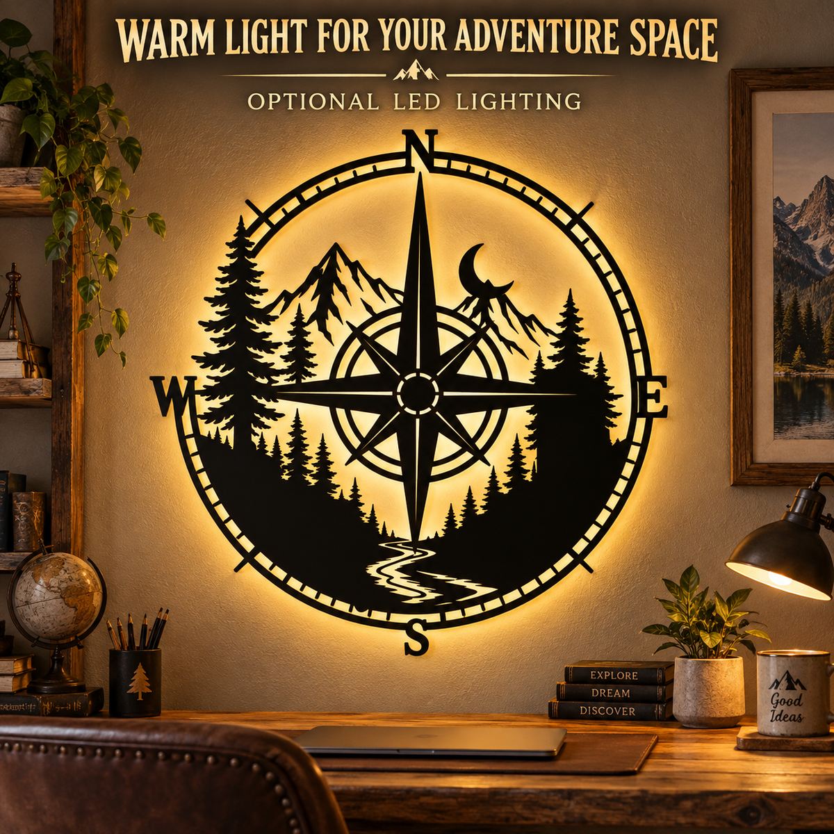 Metal Compass Wall Art Mountain Wall Art Adventure Decor Cabin Wall Art Travel Gift Nature Lover Gift With LED — LED Lifestyle