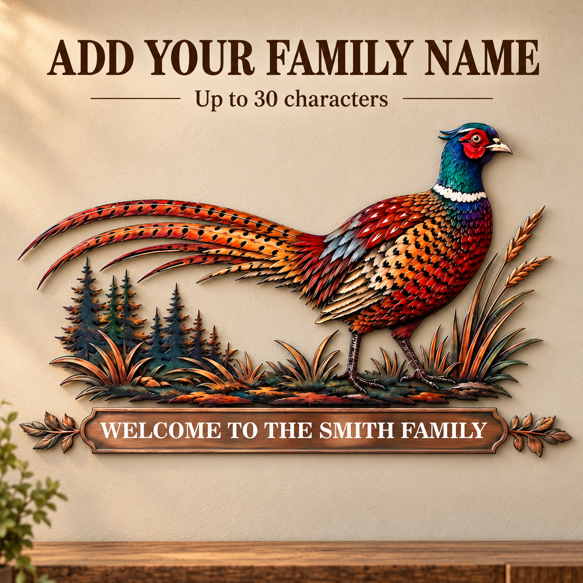Personalized Pheasant Metal Wall Art Family Name Sign Custom Cabin Wall Decor Wildlife Lodge Decor With LED — Personalization Highlight