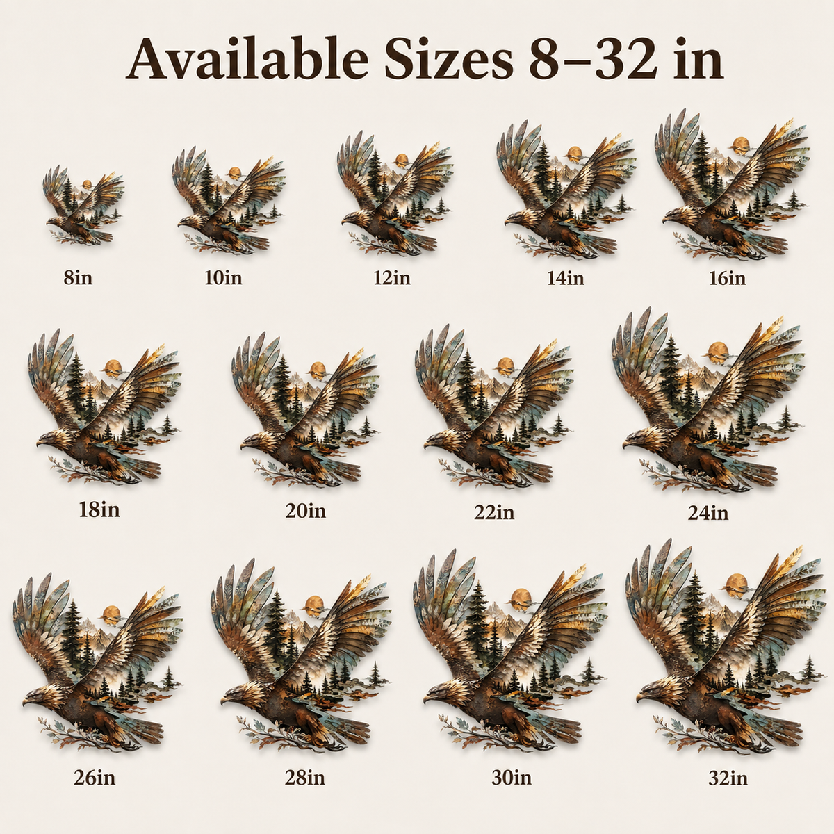 Size Guide - Bald Eagle Metal Wall Art Eagle Wall Decor Mountain Wildlife
