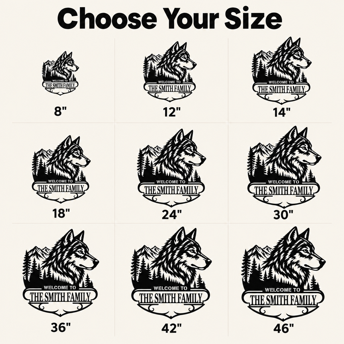 Size Guide - Custom Wolf Metal Wall Art Personalized Cabin Sign Rustic Wildlife