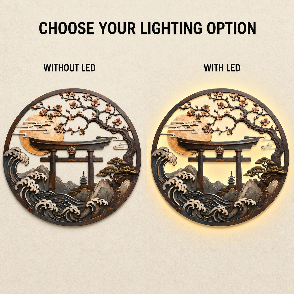 Choose Lighting Option — Torii Gate Metal Wall Art Japanese Wall Art Zen Wall