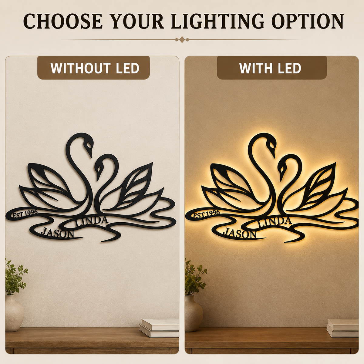 Choose Lighting Option - Custom Swan Couple Name Metal Wall Art Personalized Anniversary Gift