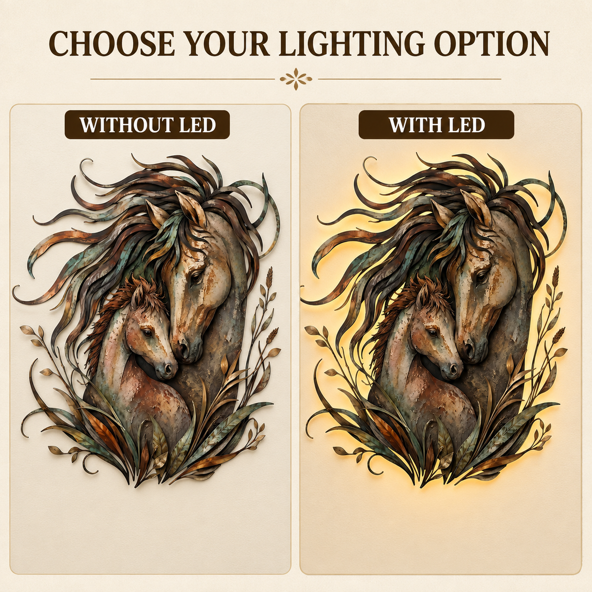 Choose Lighting Option - Horse Metal Wall Art Decor Mare and Foal Wall Art