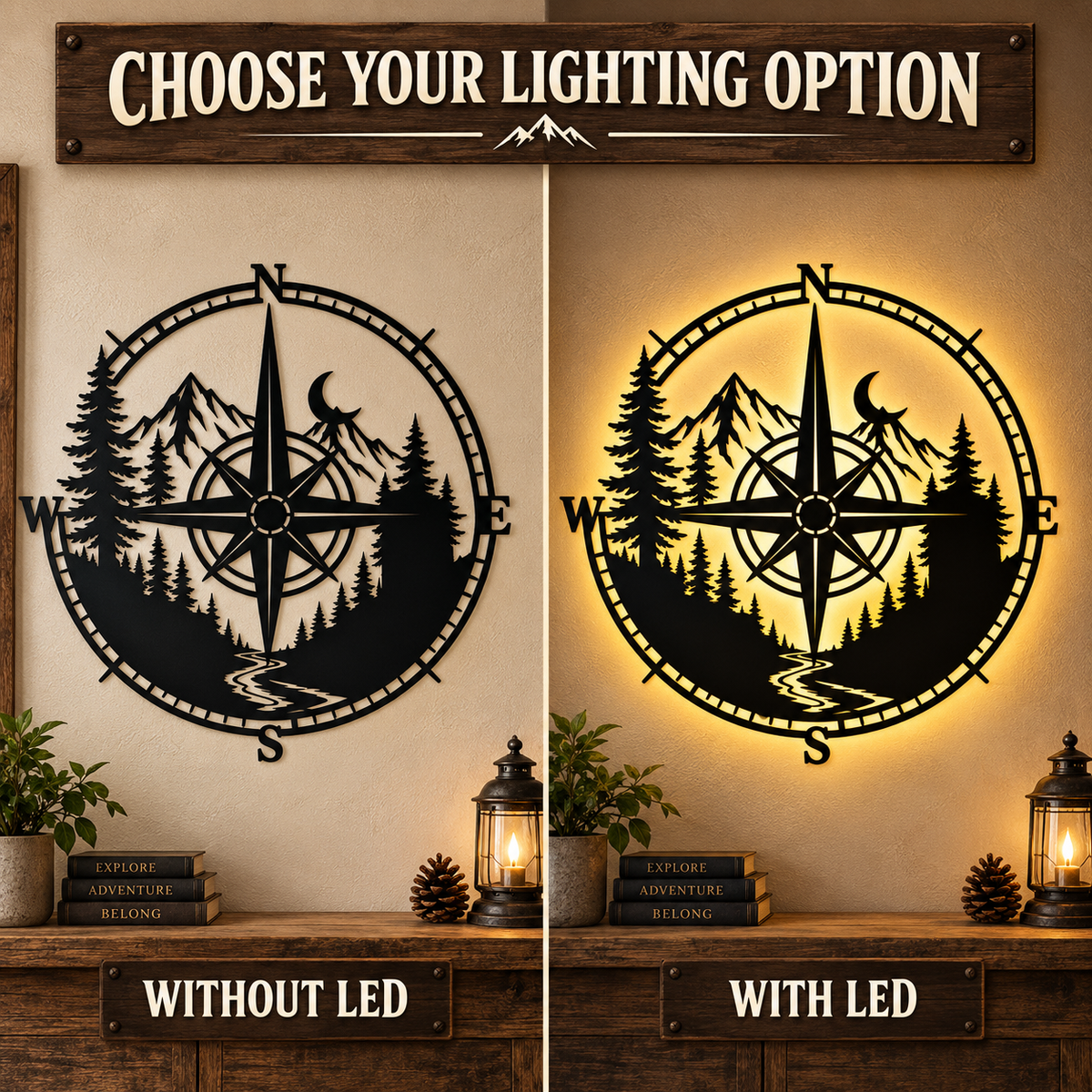 Metal Compass Wall Art Mountain Wall Art Adventure Decor Cabin Wall Art Travel Gift Nature Lover Gift With LED — Choose Your Lighting Option