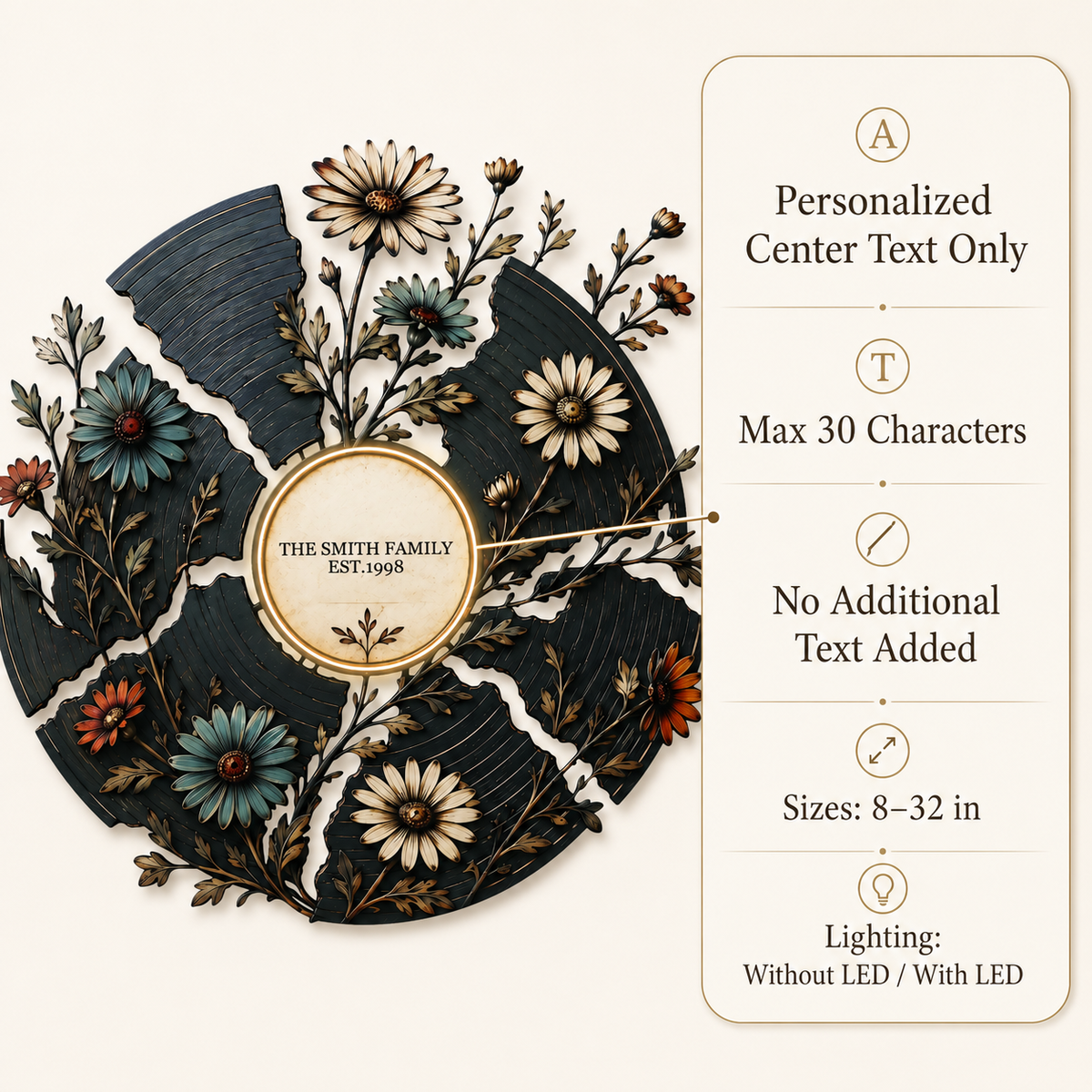 Customize  Option Guide - Personalized Floral Record Metal Wall Art Custom Vinyl Record Decor