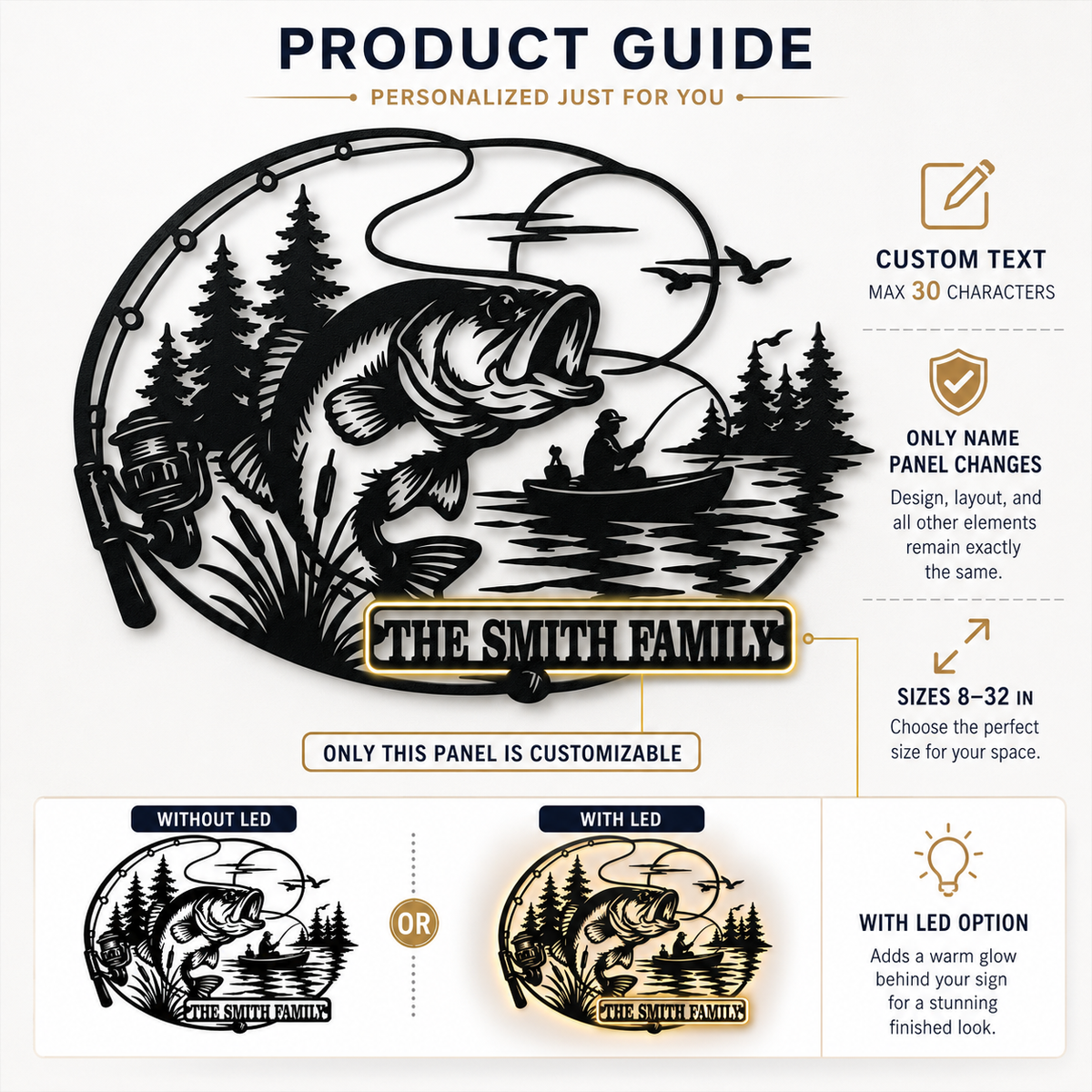 Customize Option Guide - Personalized Fishing Metal Sign Custom Family Name Bass Fishing Wall
